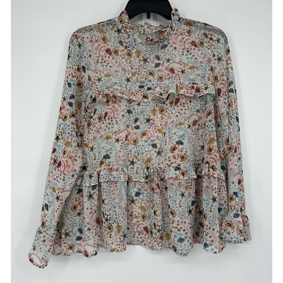 Sundance High Neck Floral Printed Celina Blouse Tiered Ruffle Semi Sheer Size S - Picture 2 of 7
